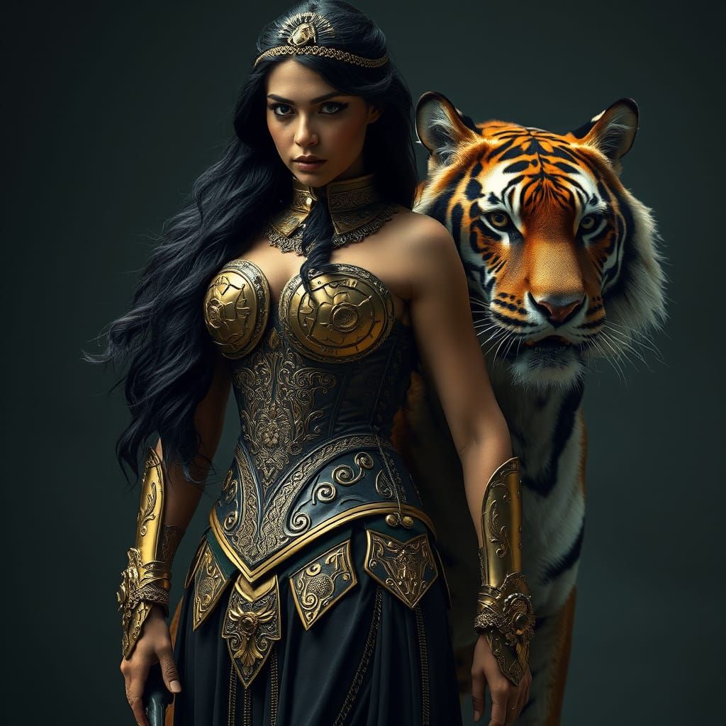 Regal Roman Superhero in Golden Armour with Majestic Tiger