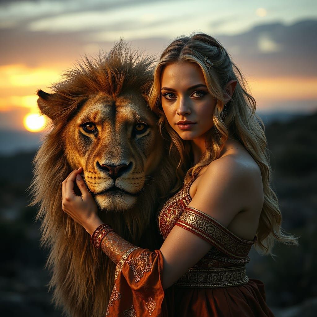 Golden Elf Embraces Lion at Sunset in Chiaroscuro