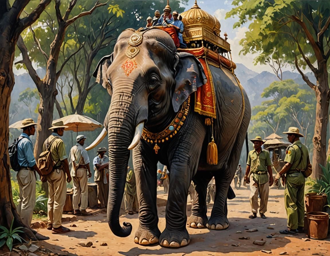 Ornate Elephant at Indian Tourist Site, Oil Painting