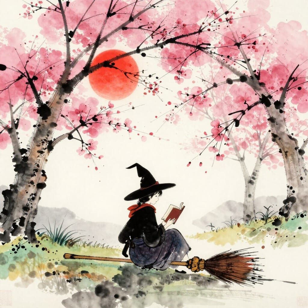 Witch Reading Amidst Cherry Blossoms and Sunrise