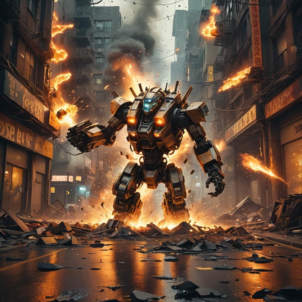 Dystopian Robot Explosion in Hyper-Realistic Anime Style