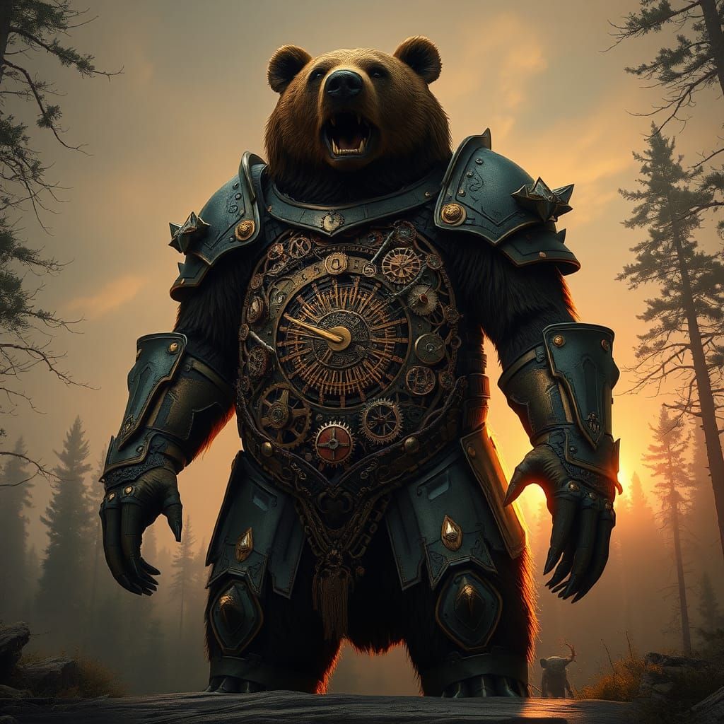 Clockwork Bear Warrior in Industrial Fantasy Style
