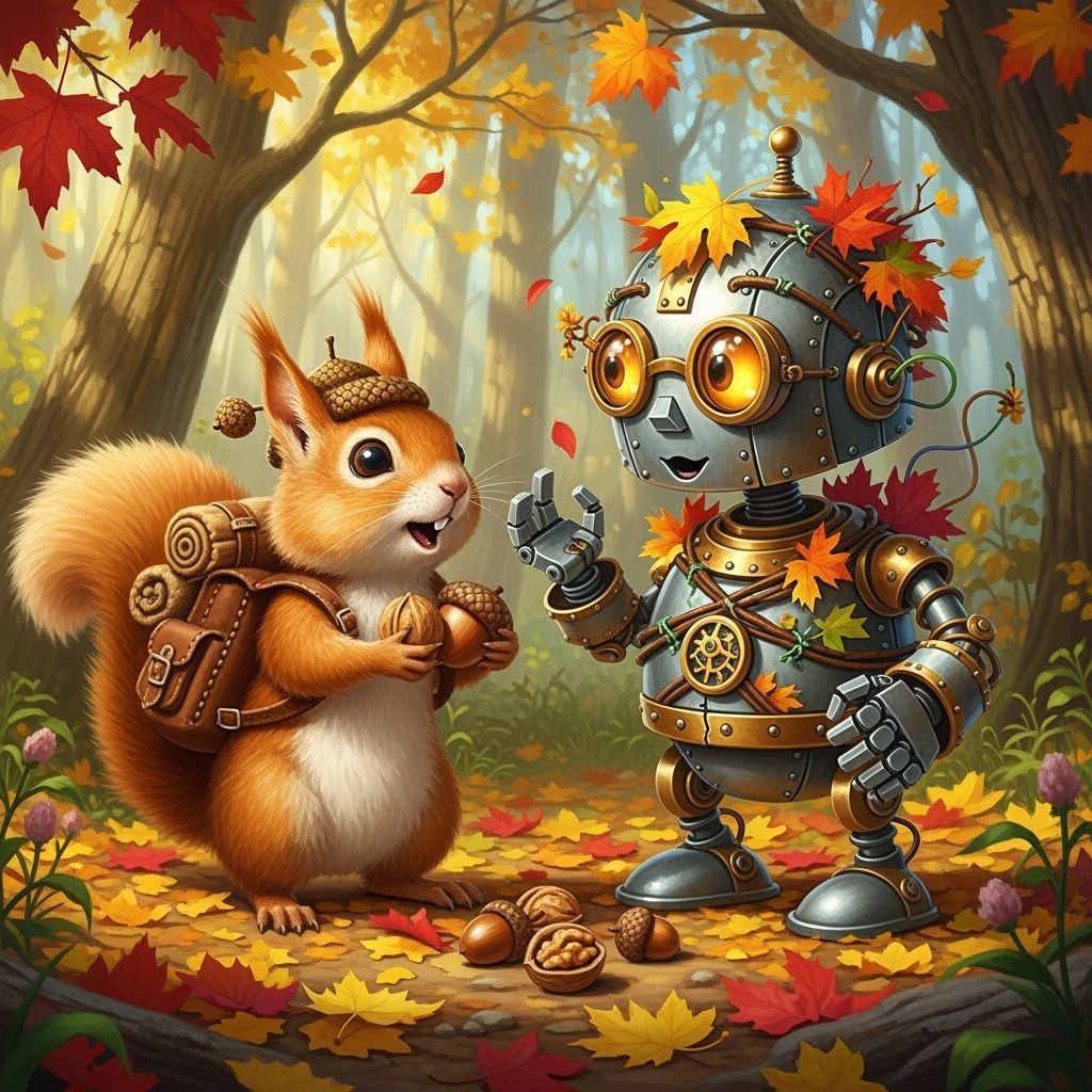 Whimsical Squirrel and Robot Collecting Nuts in Autumn Fores...