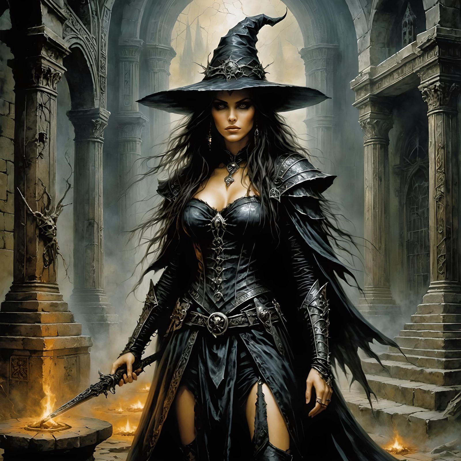 Witch in Sinister Temple, Dark Fantasy Art