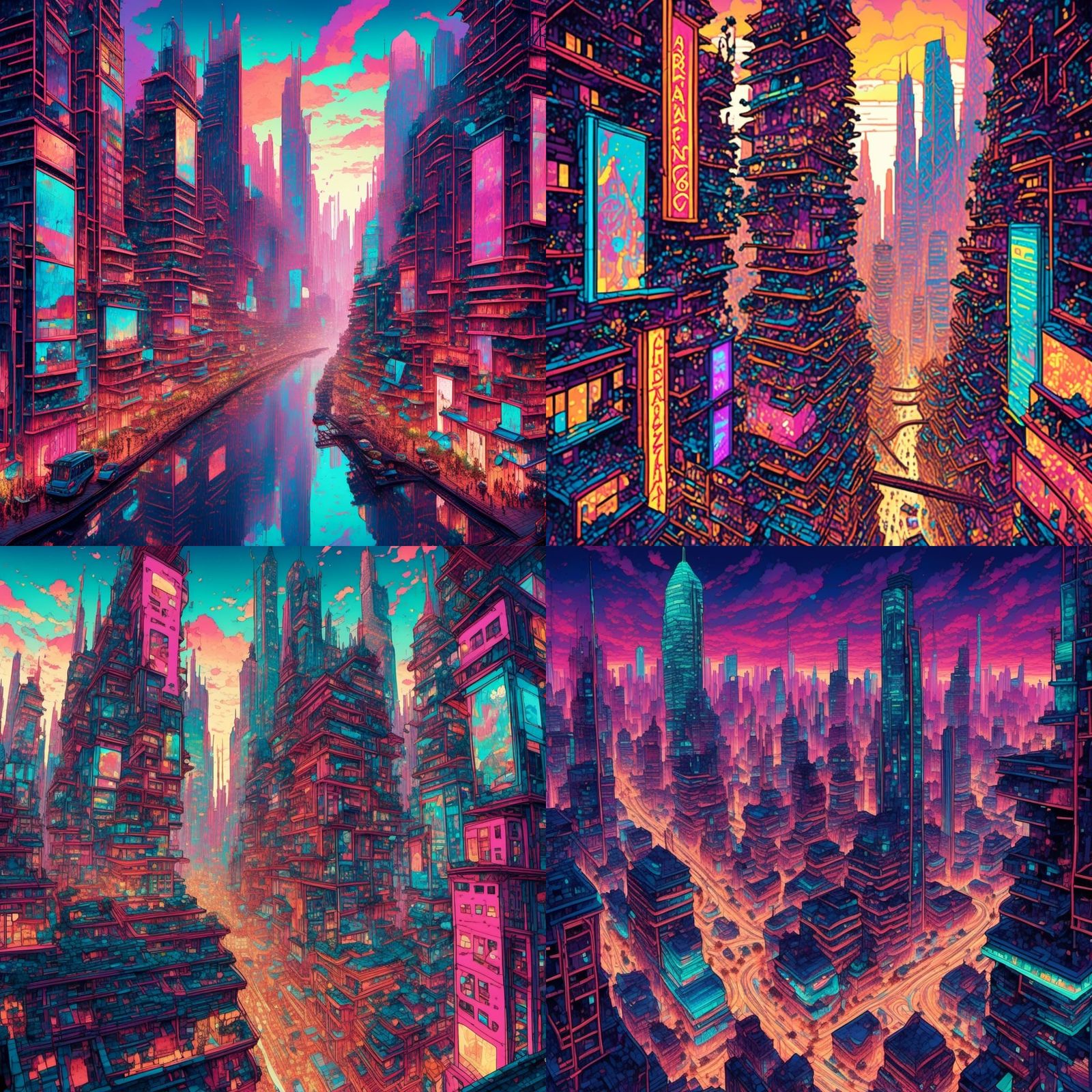 Animated Metropolis: Neon Skyscrapers in Digital Painting