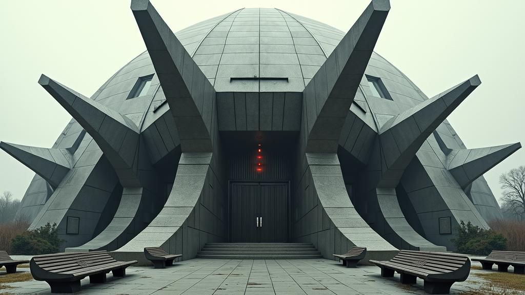 Hostile Futuristic Architecture in Dystopian Brutalist Style