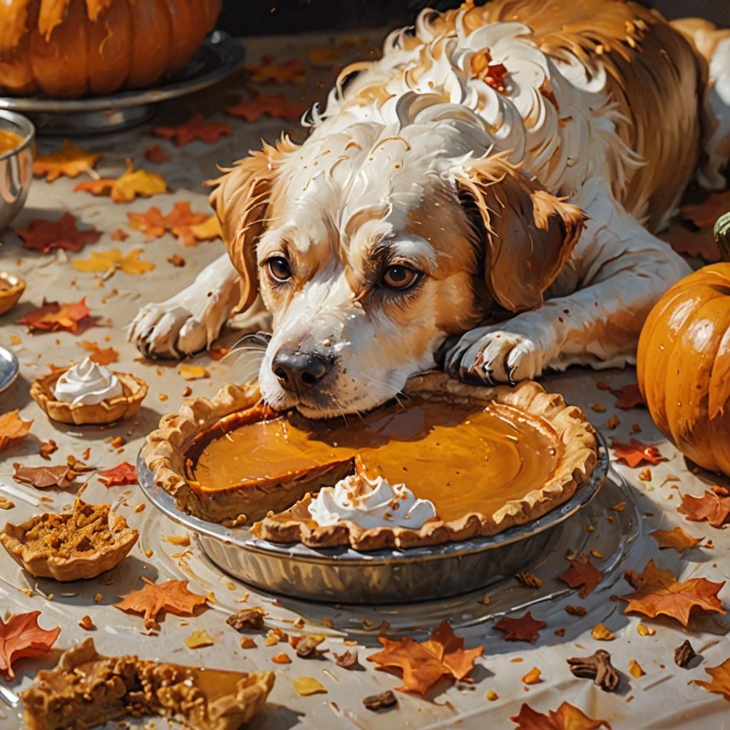 Cozy Autumn Still Life with Dog and Pumpkin Pie