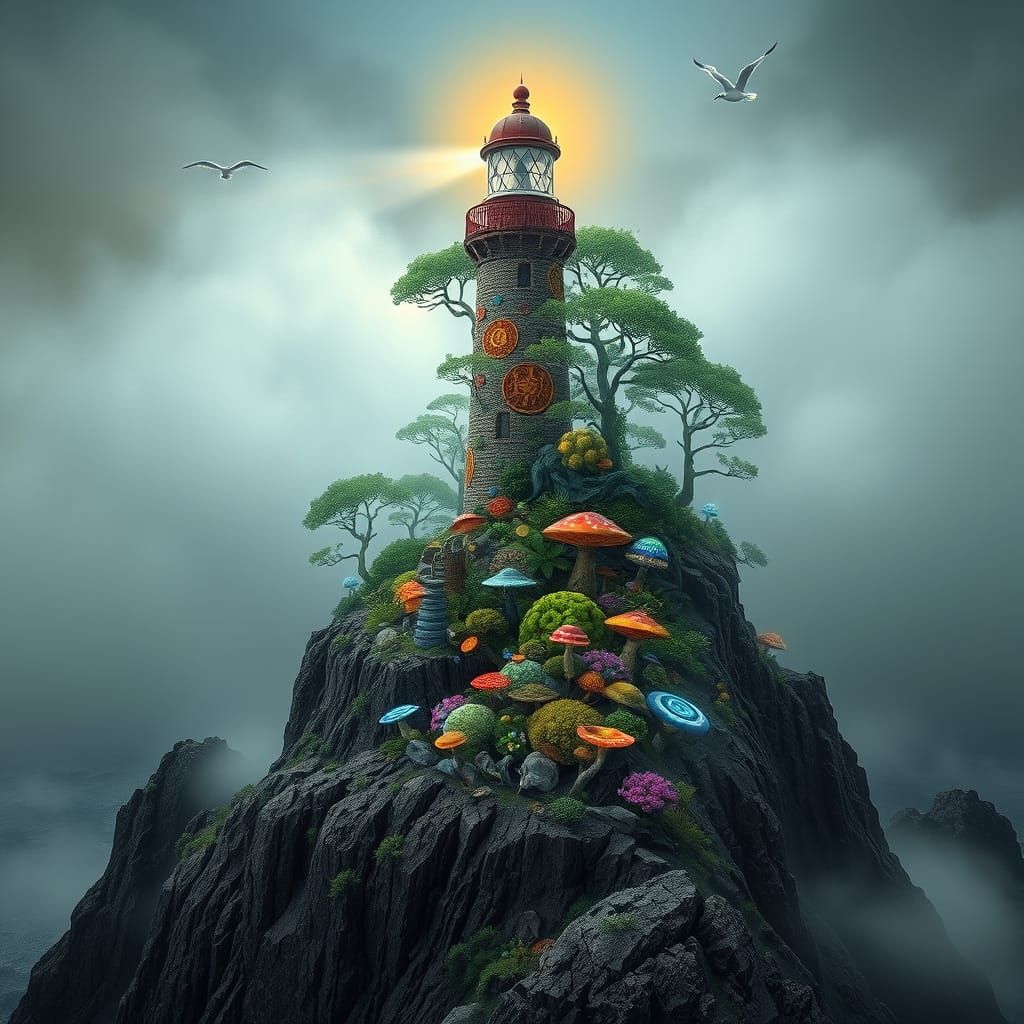 Fantasy Lighthouse on Windswept Cliff in Ernst Haeckel Style