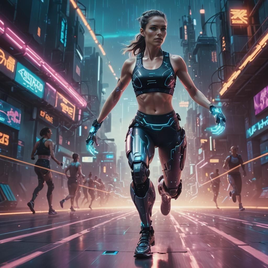 cyborg runner paralympics; robot legs; beautiful woman in gy...