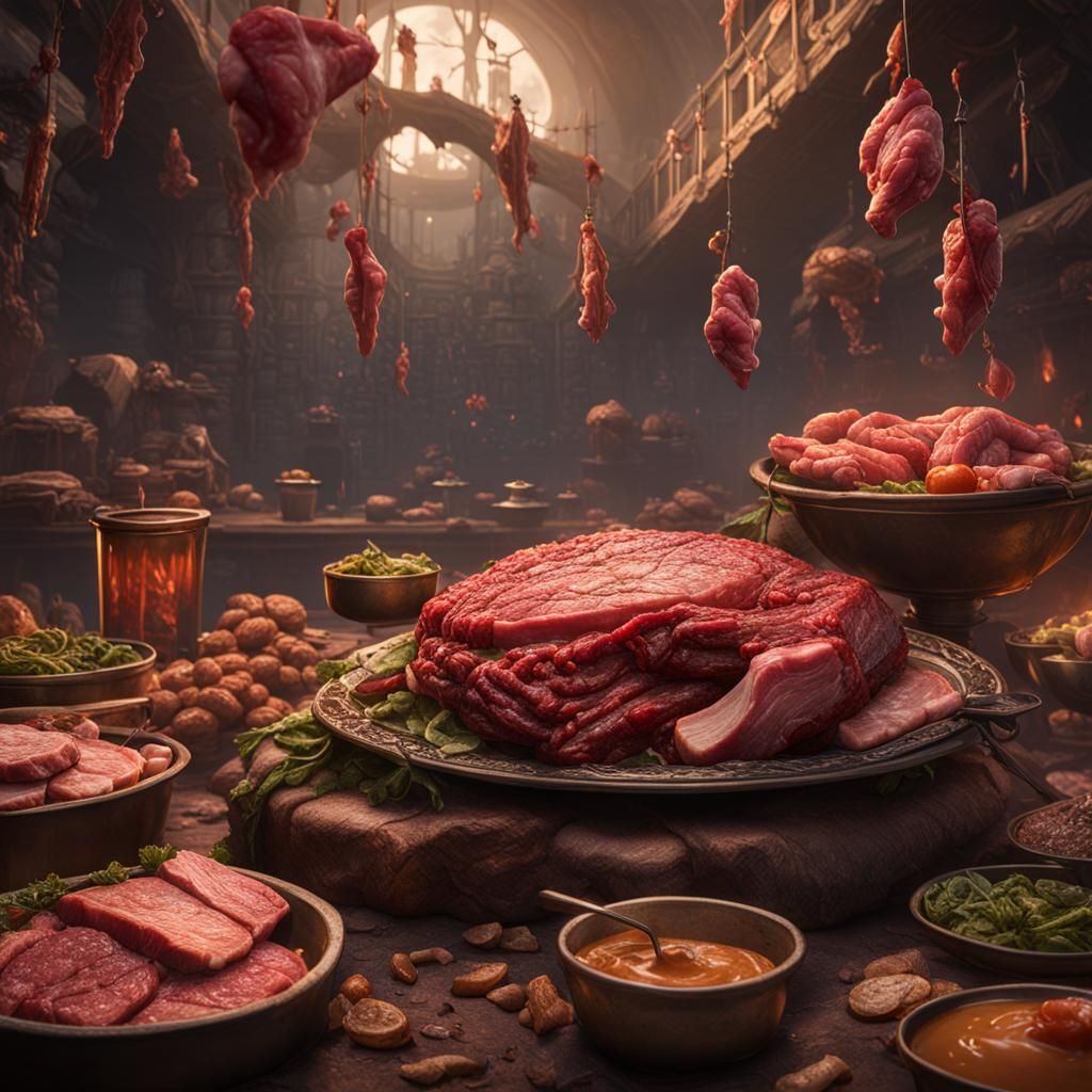 Detailed Matte Painting of Meat in Deep Color