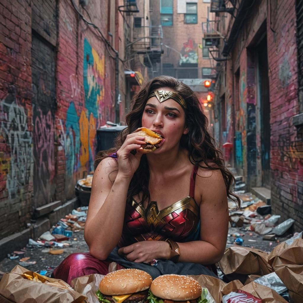 Overweight Wonder Woman in Pain, Hyper-Realistic Digital Art