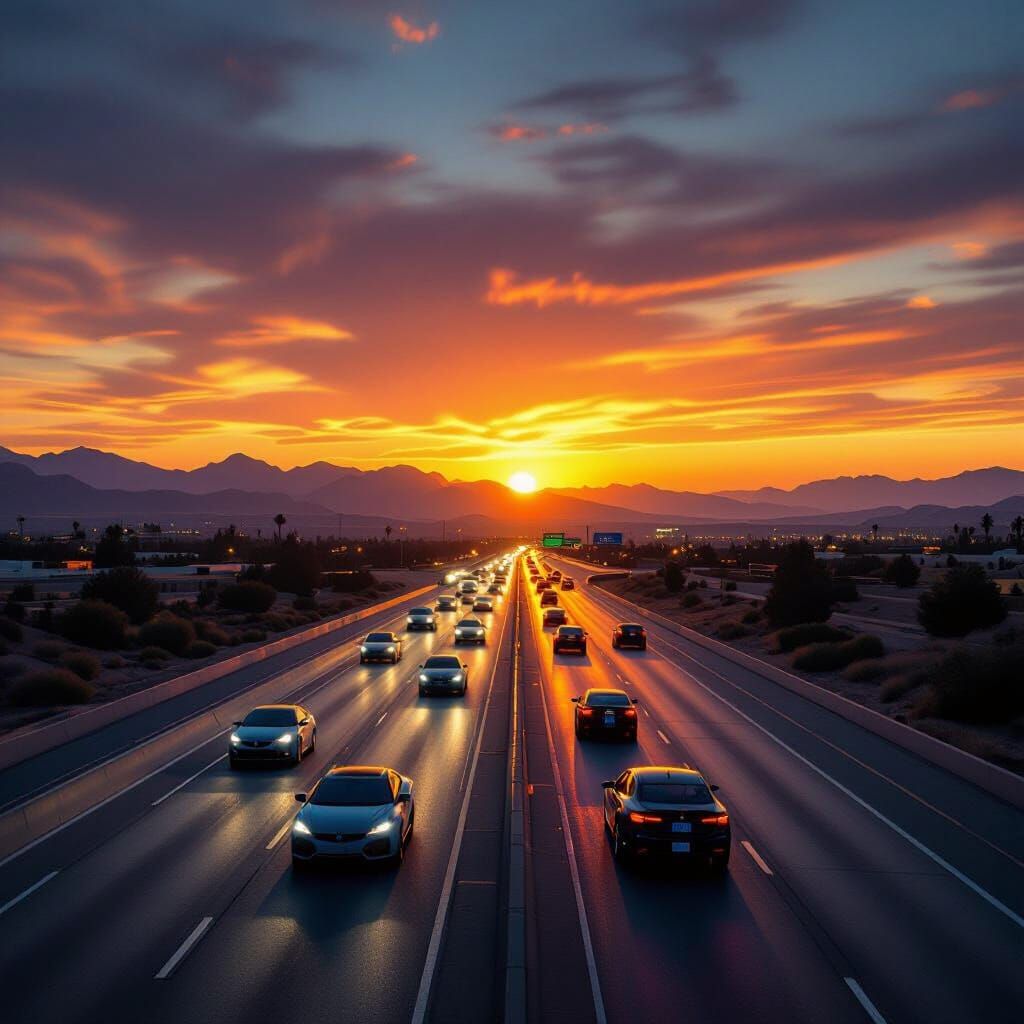 Cyberpunk Highway at Sunset: Futuristic Cityscape Photo