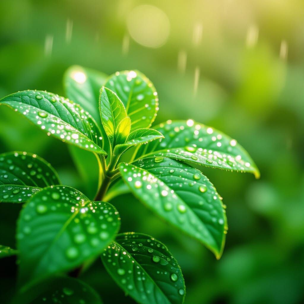 Glistening Wet Leaves After Rain, Macro Photography