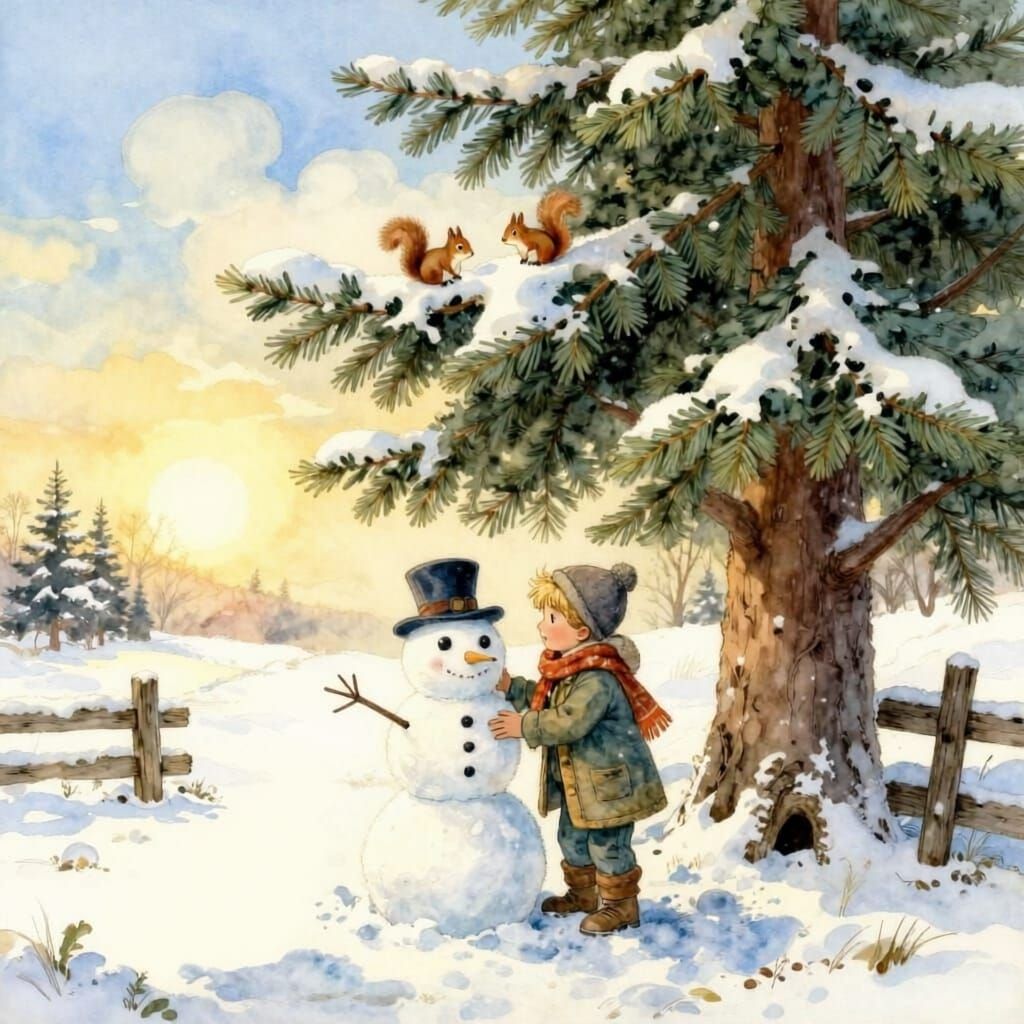 Boy Builds Snowman in Sunrise Light as Beatrix Potter Style ...