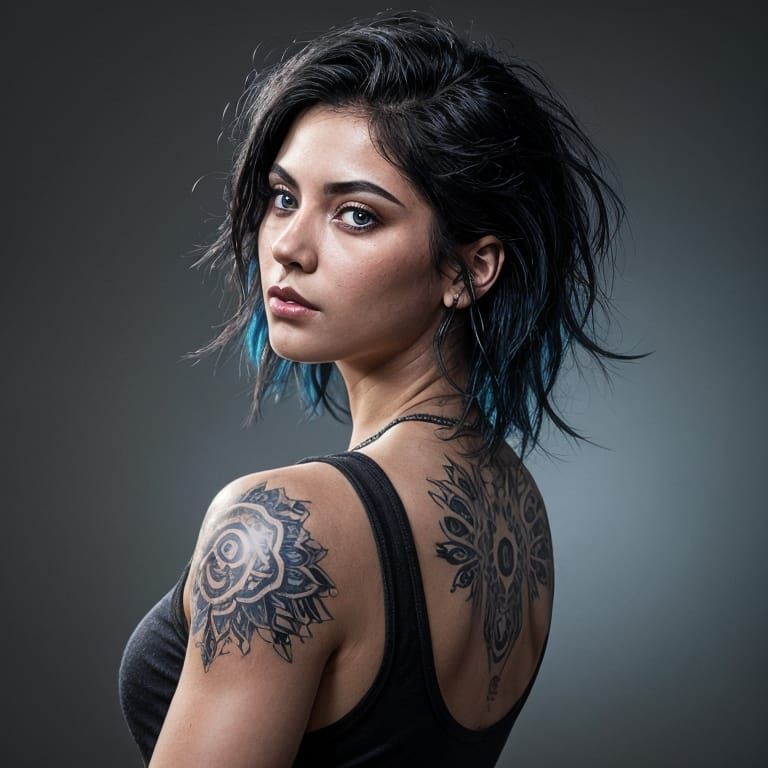 Latina Woman Portrait with Black and White Hair