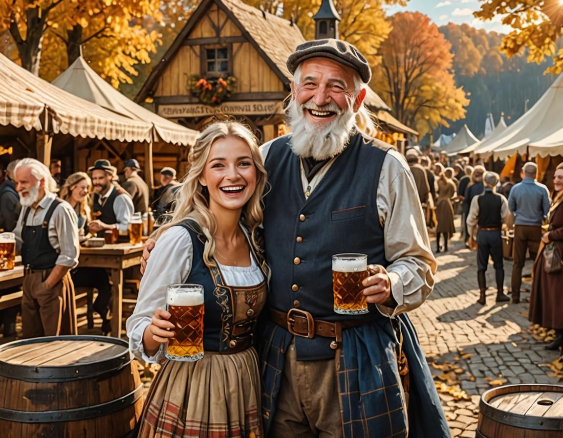 German Beer Garden Scene on a Sunny Autumn Day