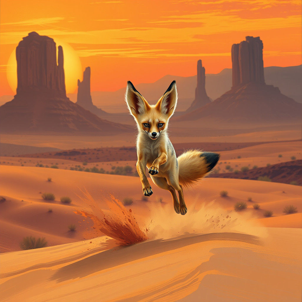 Fennec Fox Leaping in a Desert Landscape