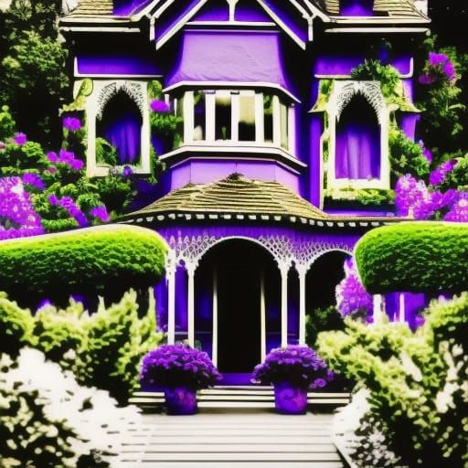 Beautiful purple Victorian Gothic house with Black accents& Beautiful Victorian windows& Beautiful garden& purple rose b...