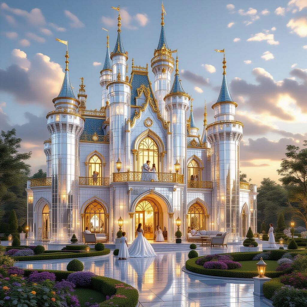 Majestic Crystal Castle in Golden Hour Light