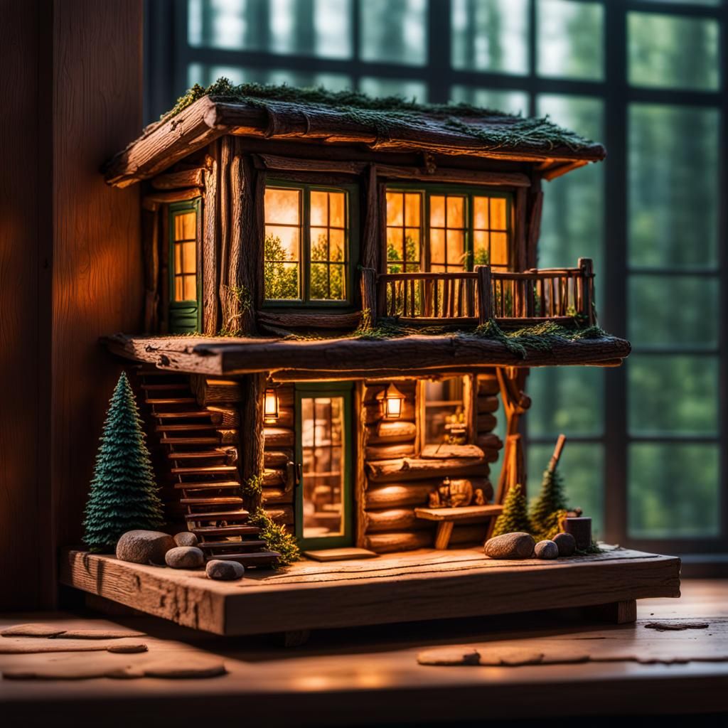 Miniature Logger Cabin on Window Shelf, Hyperrealistic