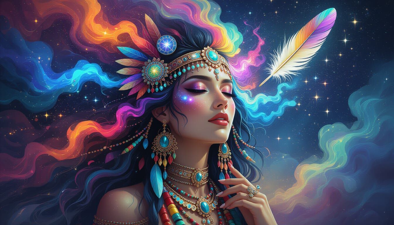 Cosmic Shamaness with Smoke Hair Amidst Stars