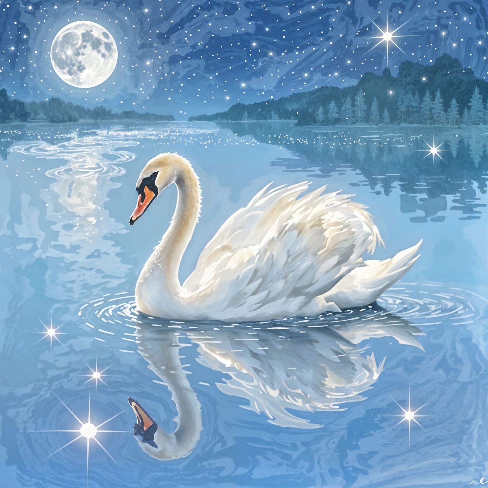 Elegant Swan on Starlit Lake in Watercolor Style