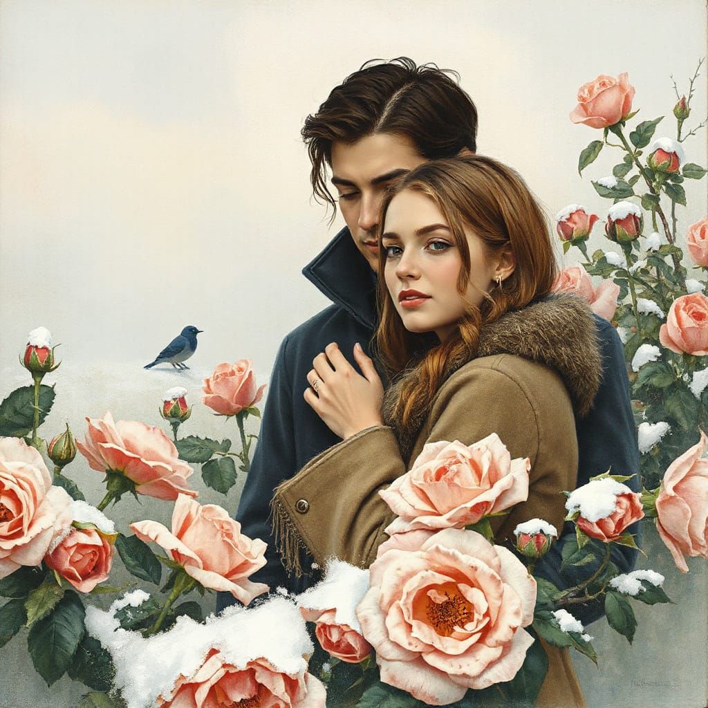 Romantic Embrace Among Snow Roses, in Watercolor Style