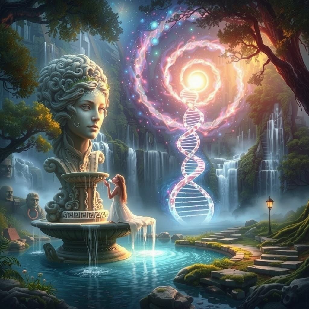 Ethereal Woman at Glowing Fountain in Dreamy Landscape