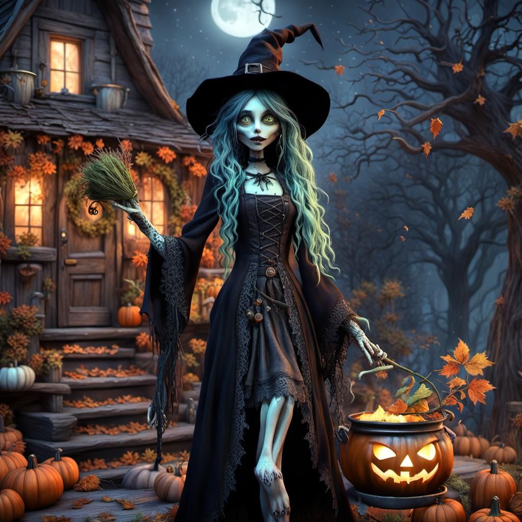 Whimsical Autumn Witch in Detailed Digital Art
