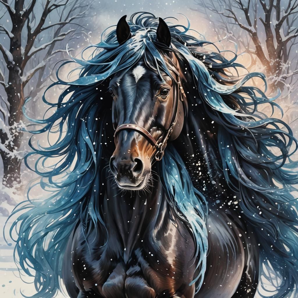 Friesian Mare in Snow: Vibrant Pop Art Portrait