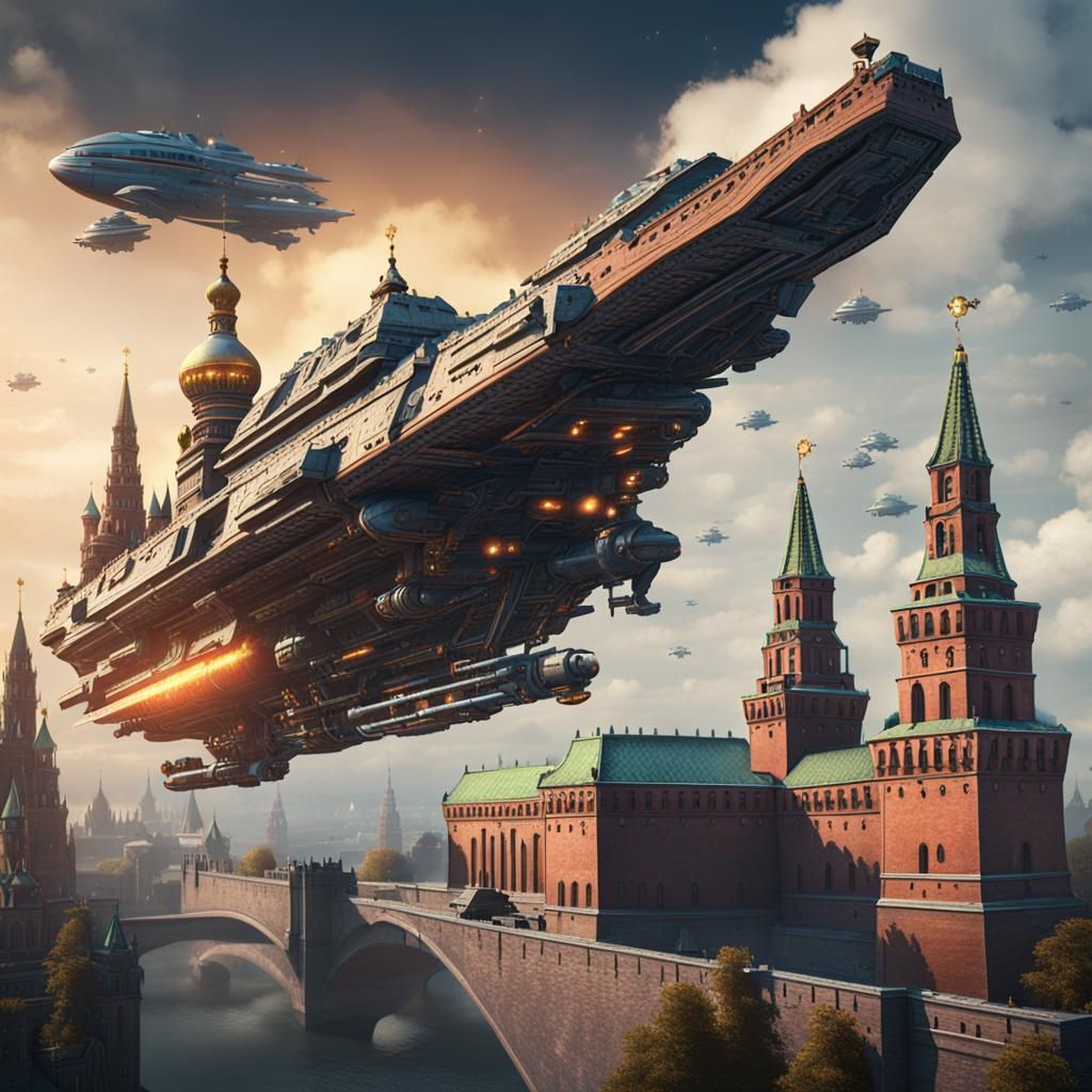 Alien Warship over Kremlin: Detailed Matte Painting