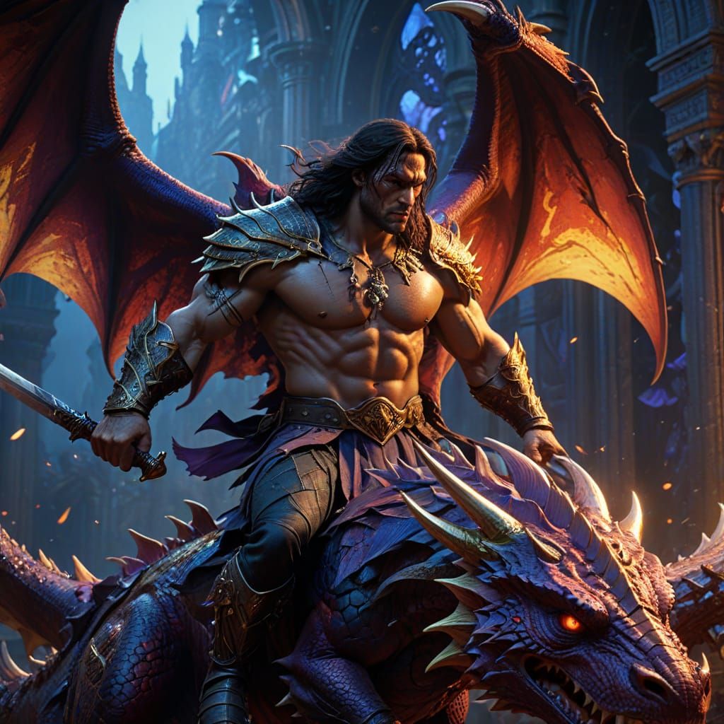 Dark Fantasy Warrior Rides Red Dragon into Battle