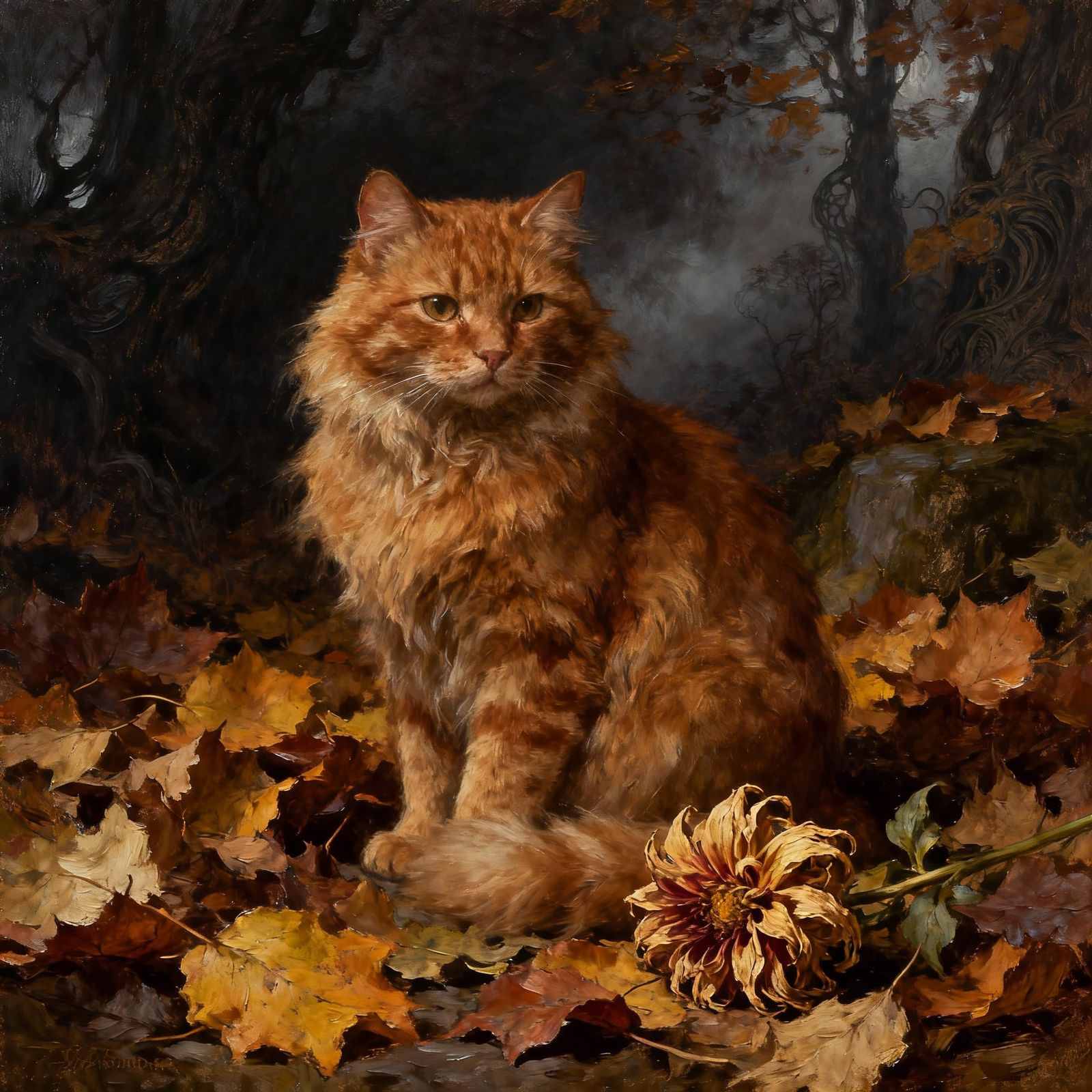 Ginger Cat in Autumn Leaves Oil Painting
