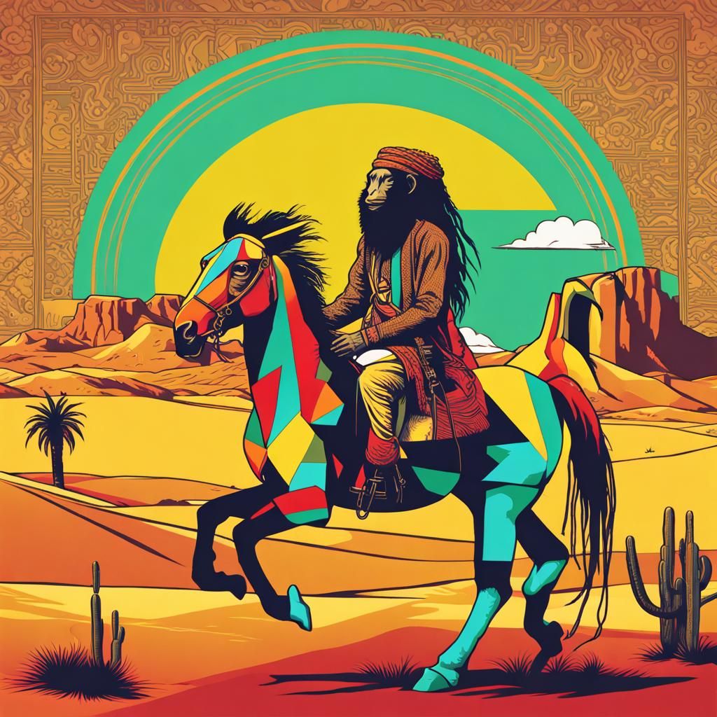 Rastafarian Monkey Rides Horse in Pop Art Style