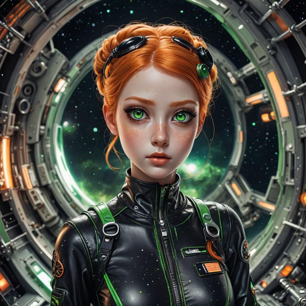 Hyperrealistic Kawaii Doll in Space with Leather Jumpsuit
