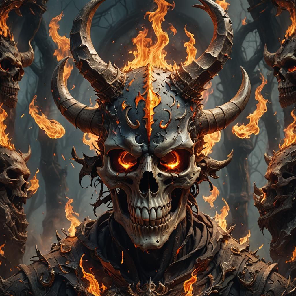 Horned Skull with Fire Eyes: Detailed Matte Painting