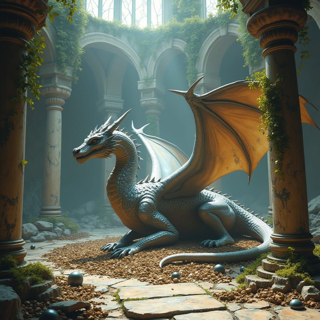 Surreal Scene of a Silver Dragon in a Ruined Temple with Mar...