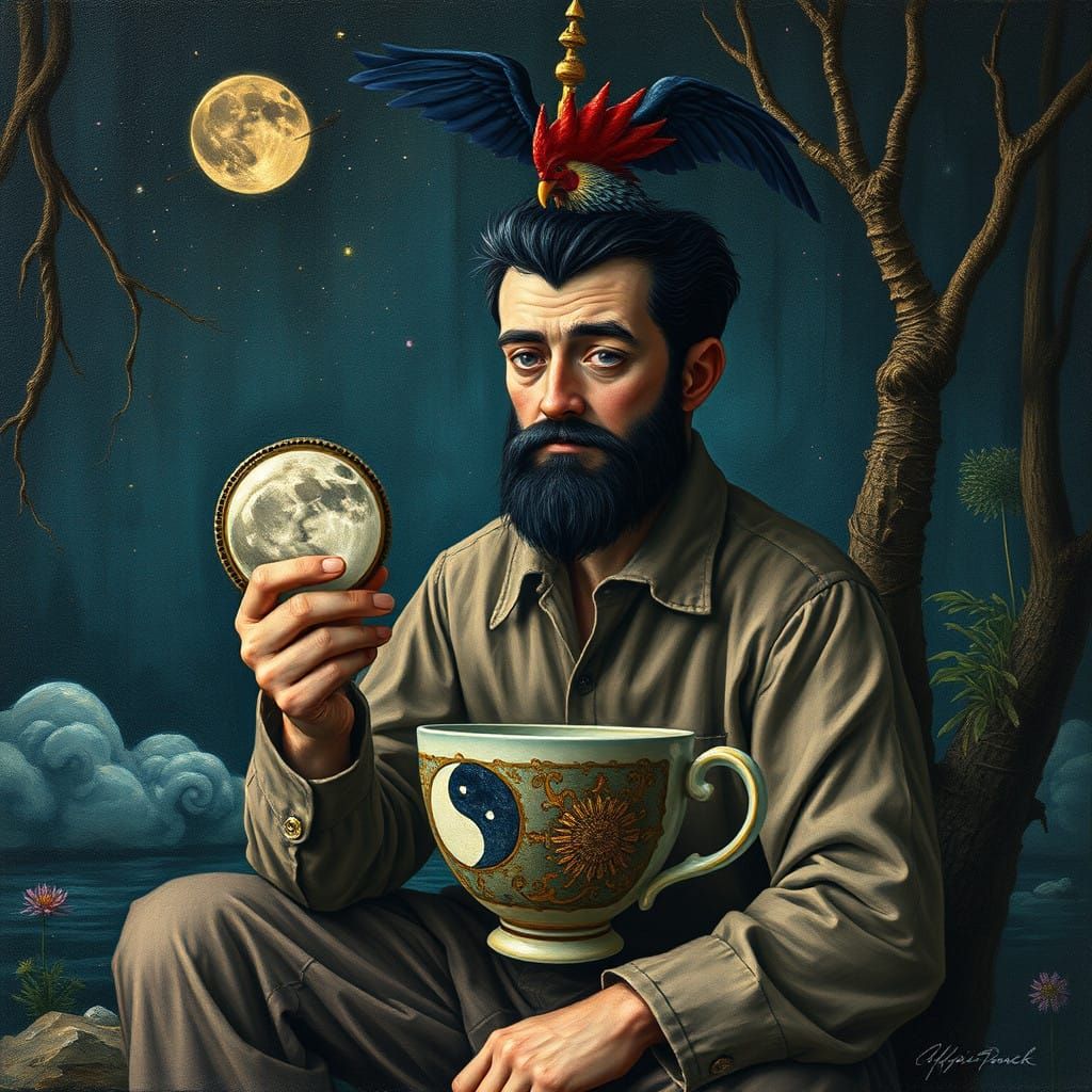 Whimsical Portrait of a Time Traveler in a Dark Forest, Guid...