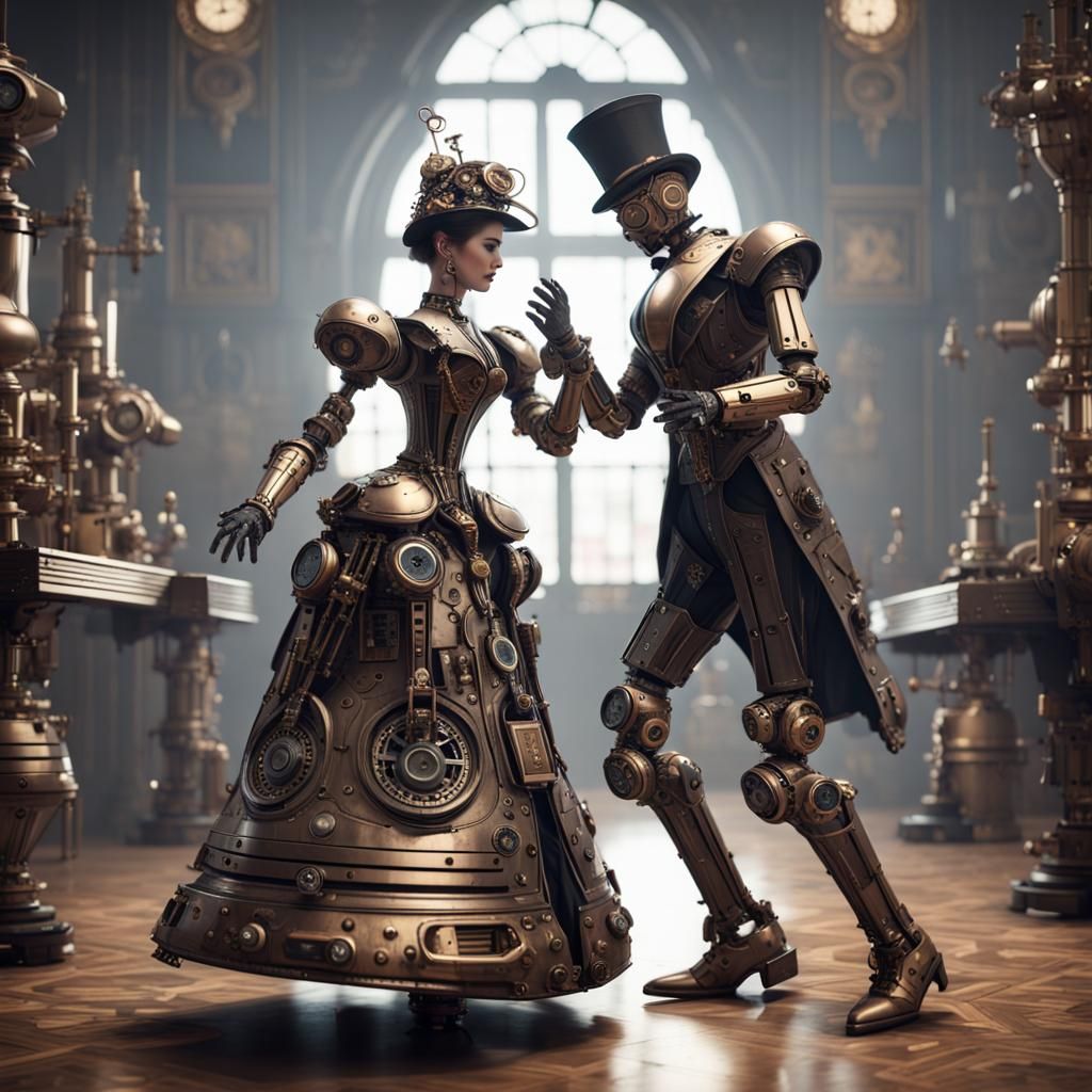Victorian Robots Dancing with Steampunk Details