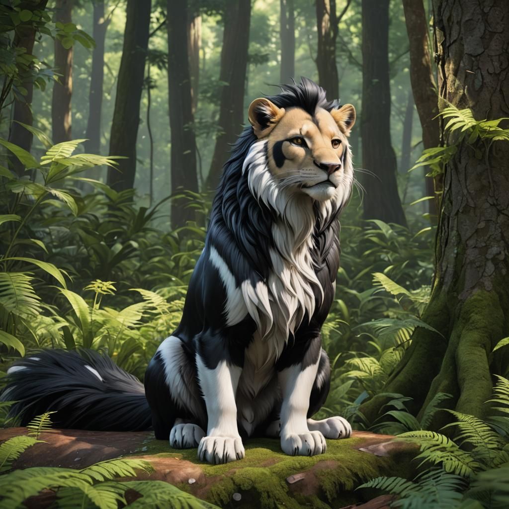 Lion-Skunk Hybrid in Forest: 3D Anime Art
