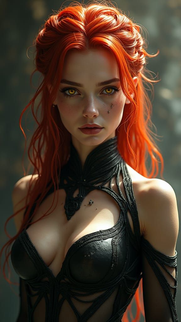 Powerful Woman with Red Hair in Dark Mystical World
