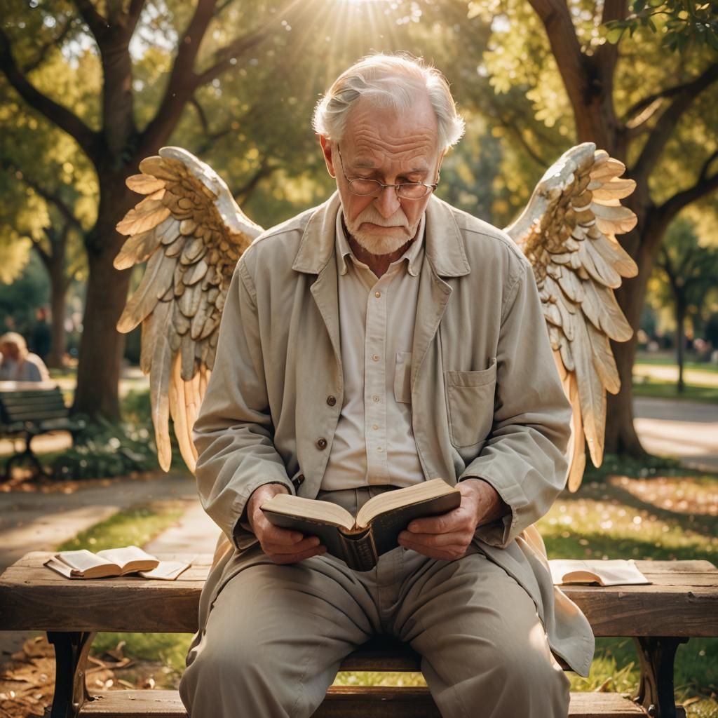 Serene Angel Reading with Old Man: Photorealistic Portrait