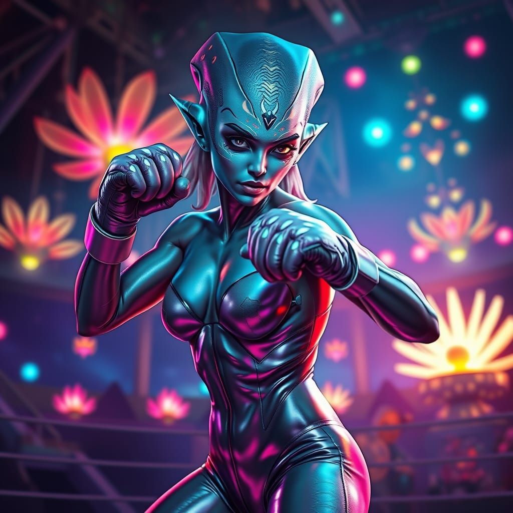 Alien Woman Boxer in Ethereal Arena