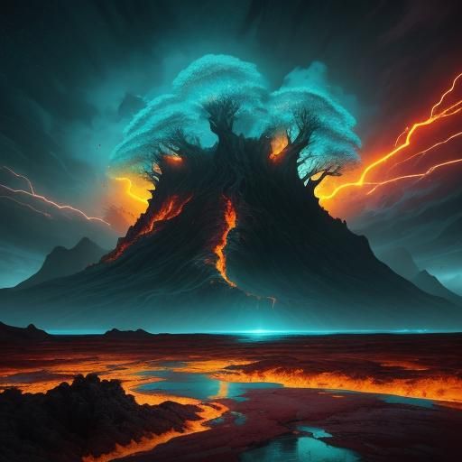 Volcanic Eruption: Rivers of Lava in Cyberpunk Style