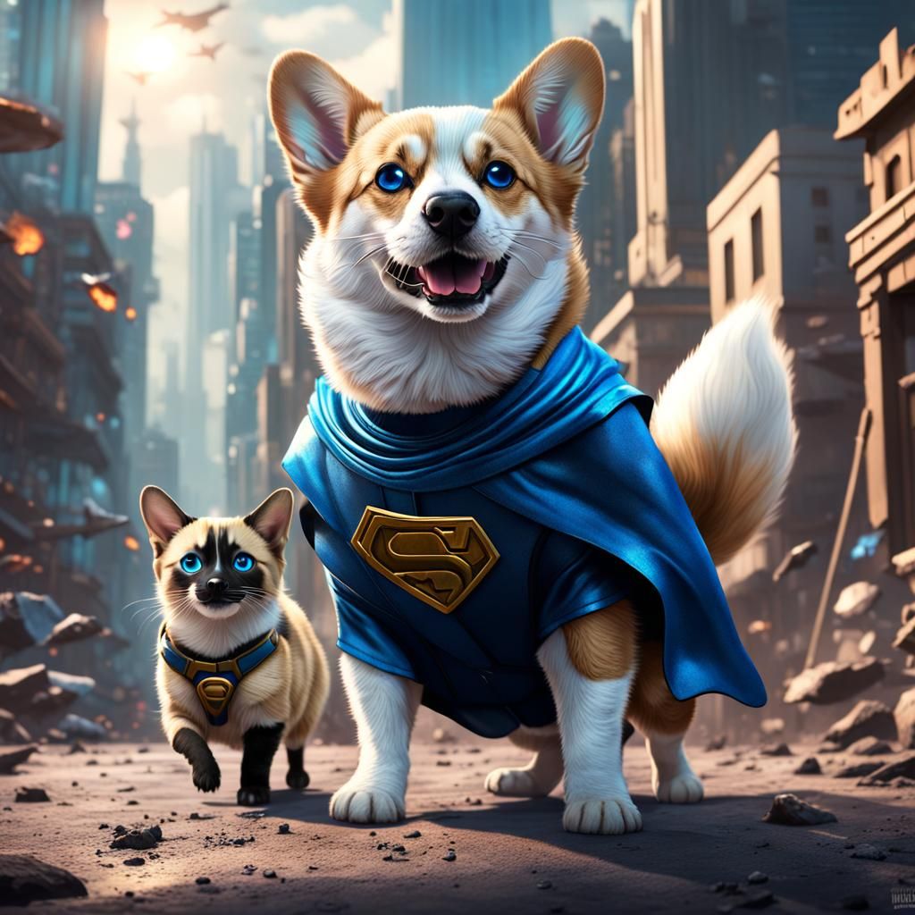 Superhero Corgi and Siamese Cat Sidekick in Fantasy Art