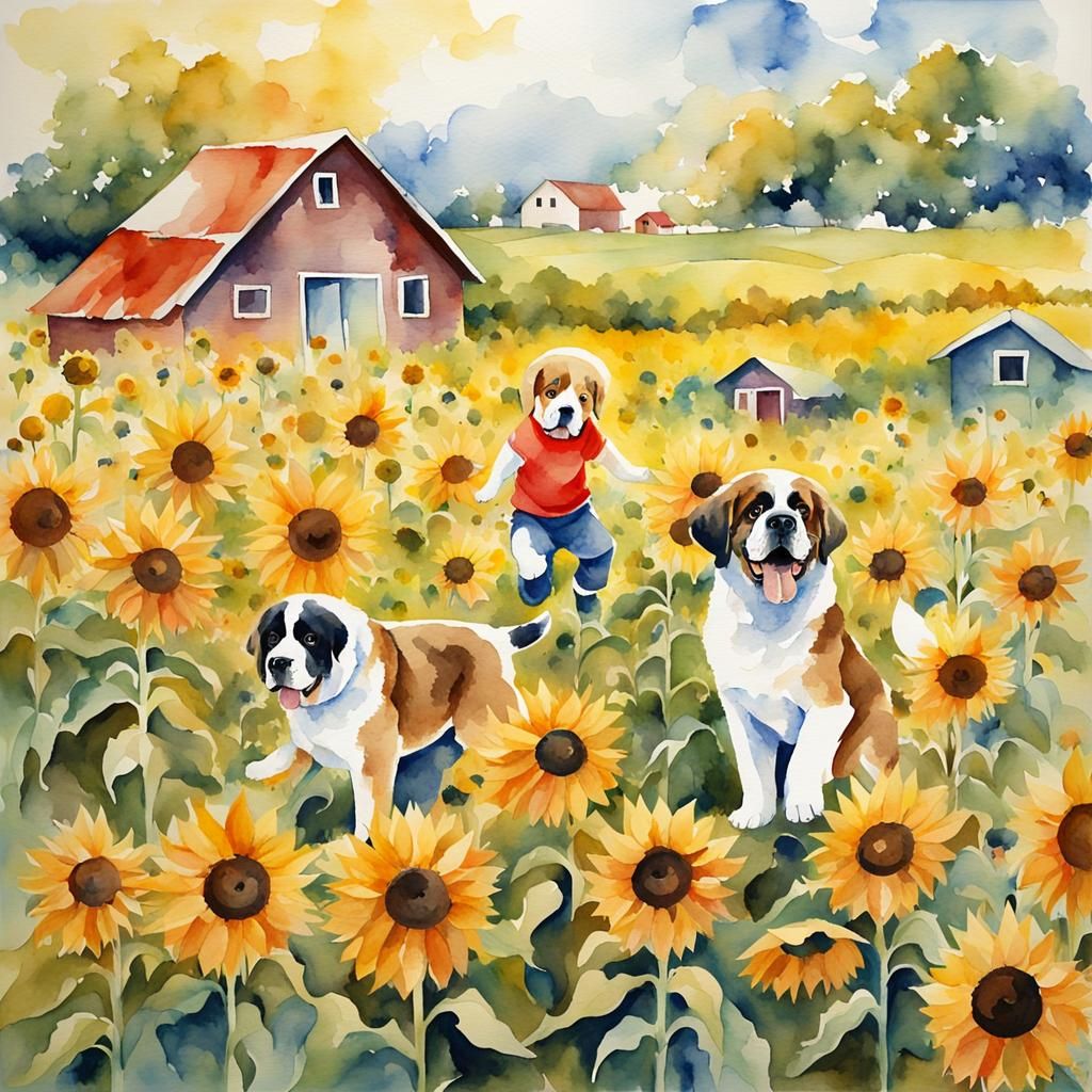 Children and St. Bernard Puppy in Sunflower Field Watercolor