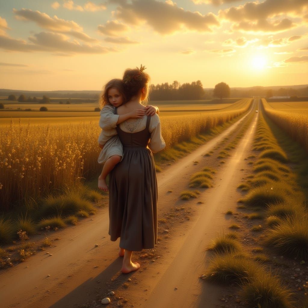 Peasant Girl Carries Sister Home at Sunset