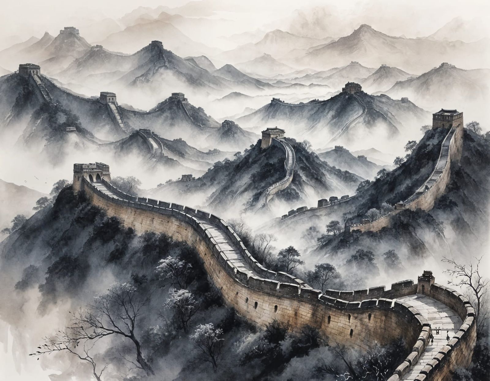 Great Wall of China in Ink and Watercolor
