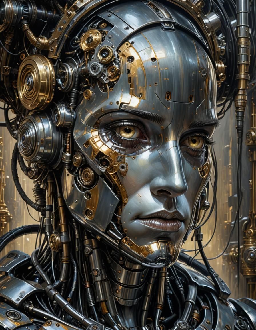 Sad Robot's Mercury Tear: Oil Painting Portrait