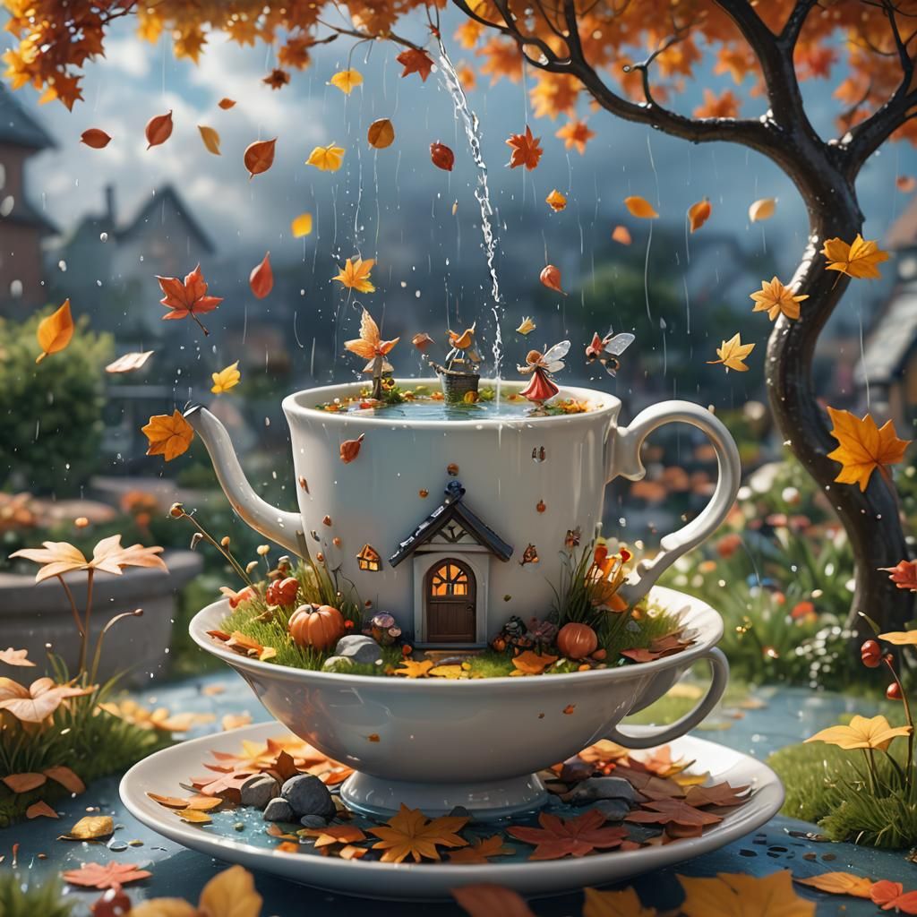 Miniature Fairy Autumn Garden in Teacup: 3D Anime Art